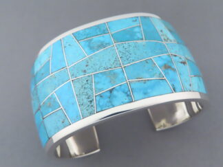 Buy Turquoise Bracelet - Wide Kingman Turquoise Inlay Bracelet Cuff by Navajo Indian jeweler, Charles Willie $1,350-FOR SALE