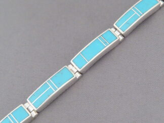 Inlaid Jewelry - Wider Turquoise Inlay Link Bracelet by Native American Indian jeweler, Tim Charlie FOR SALE $575-