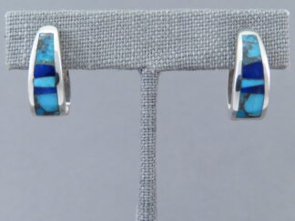 Buy Turquoise Jewelry - Turquoise & Lapis Inlay Earrings (Larger 'Huggies') by Native American jeweler, Charles Willie $260- FOR SALE