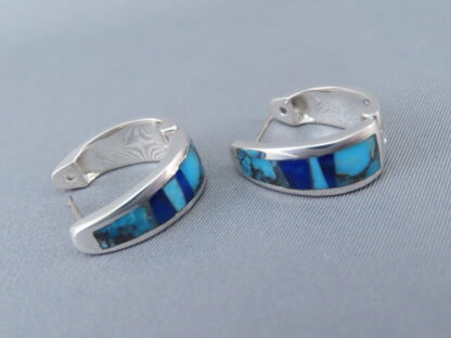 Turquoise & Lapis Inlay Earrings (Larger Huggies)