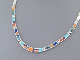 Shop Inlay Jewelry - Inlaid Multi-Color Necklace in Sterling Silver by Navajo Indian jeweler, Charles Willie FOR SALE $750-