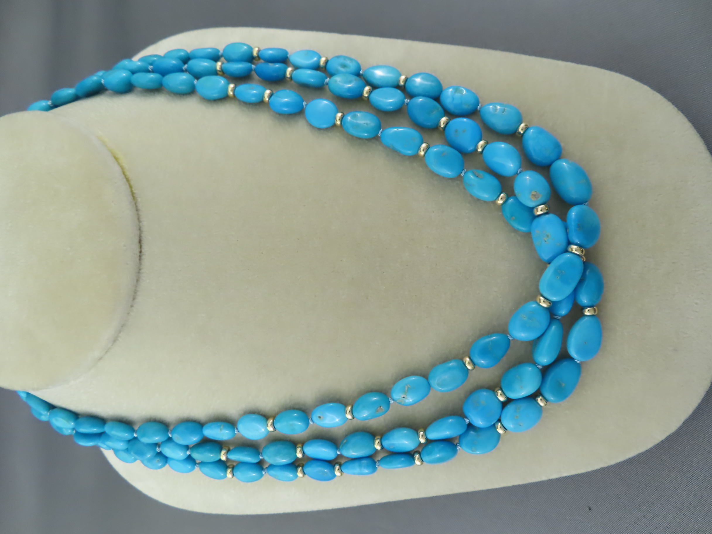 Shop Turquoise & Gold Jewelry - 3-Strand Sleeping Beauty Turquoise & Gold Necklace by Native American jewelers, Pilar Lovato & Curtis Pete FOR SALE $5,350-
