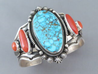 Kingman Turquoise and Coral Cuff Bracelet by Aaron Toadlena