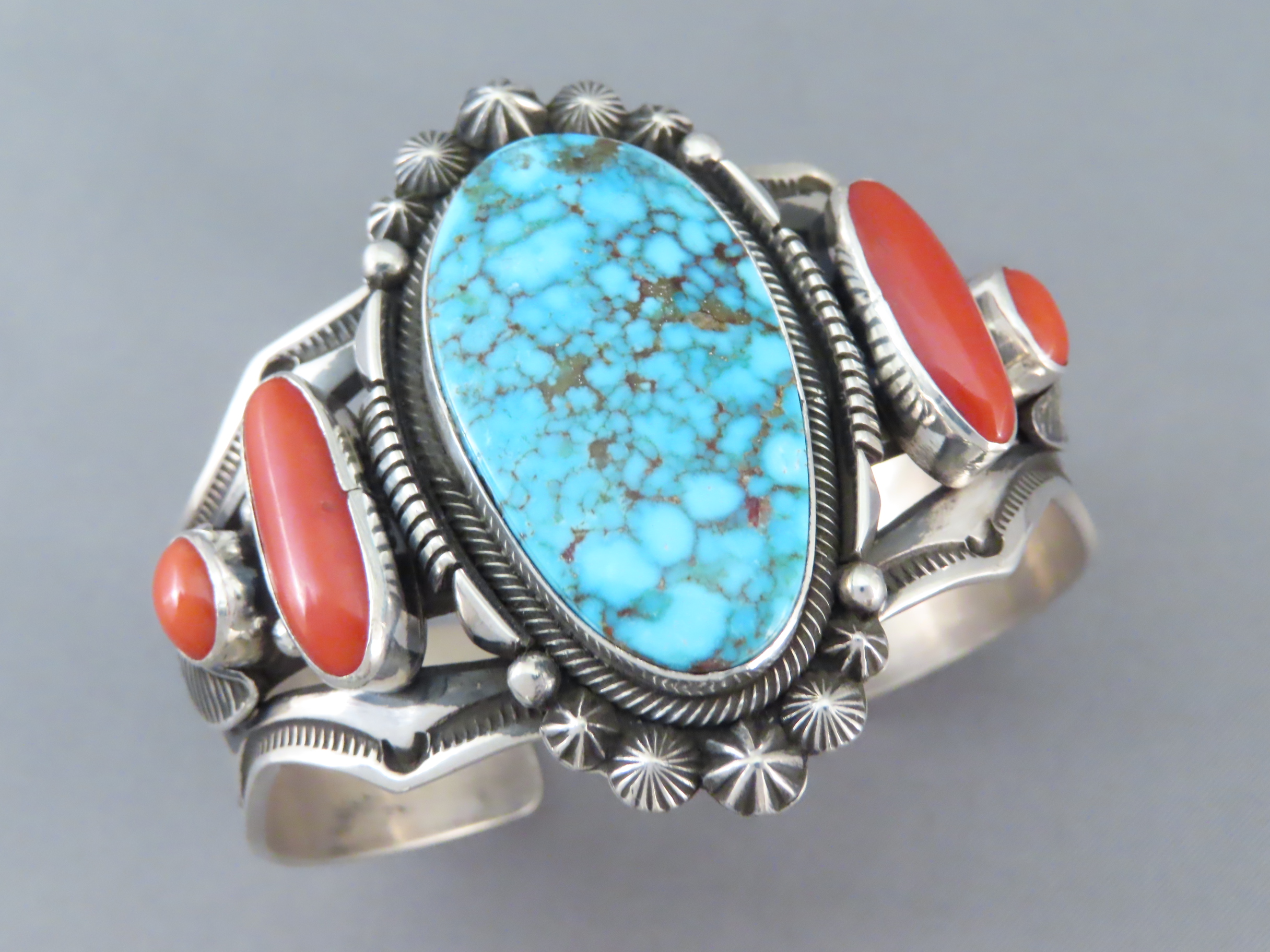 Kingman Turquoise and Coral Cuff Bracelet by Aaron Toadlena