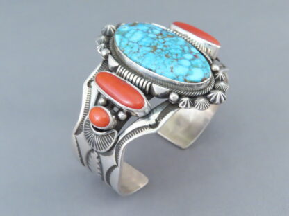 Kingman Turquoise and Coral Cuff Bracelet by Aaron Toadlena