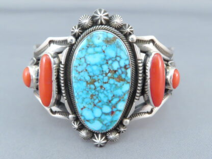 Kingman Turquoise and Coral Cuff Bracelet by Aaron Toadlena