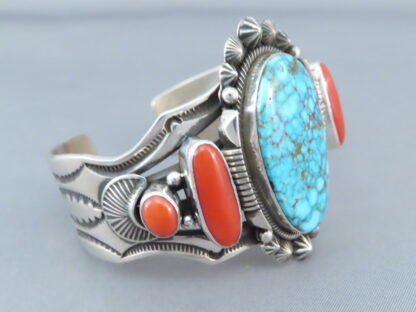 Kingman Turquoise and Coral Cuff Bracelet by Aaron Toadlena