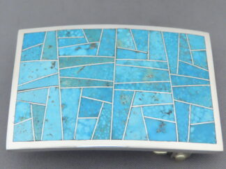 Shop Turquoise Buckle - Kingman Watermark Turquoise Inlay Belt Buckle by Native American jeweler, Tim Charlie FOR SALE $995-