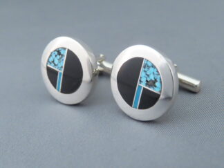 Shop Inlaid CuffLinks - Black Jade & Turquoise Inlay Round CuffLinks by Native American jeweler, Charles Willie $260- FOR SALE