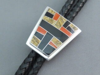 Inlaid Bolo Tie with Multi-Stone Inlay Featuring Coral