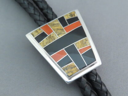Inlaid Bolo Tie with Multi-Stone Inlay Featuring Coral