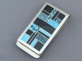 Inlaid Mens Jewelry - Black Jade & Turquoise Inlay Money Clip by Native American jeweler, Charles Willie $295- FOR SALE