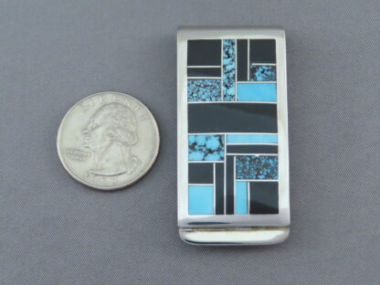 Money Clip with Black Jade & Turquoise Inlay