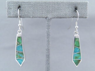 Buy Turquoise Jewelry - Long Dangling Green Sonoran Turquoise Inlay Earrings by Native American jeweler, Charles Willie $215- FOR SALE