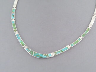 Buy Turquoise Jewelry - Green Sonoran Turquoise Inlay Necklace in Sterling Silver by Native jeweler, Charles Willie FOR SALE $845-