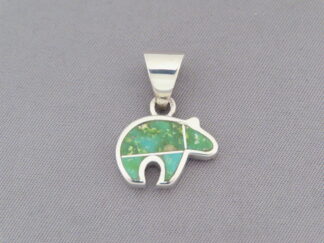 Turquoise Bear - Native American Jewelry - Small Green Turquoise Inlay BEAR Slider Pendant $140- FOR SALE