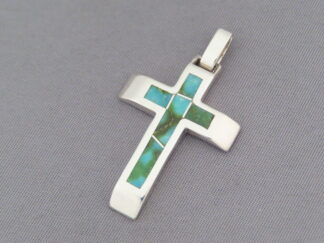 Inlaid Cross - Green Turquoise Inlay Cross Pendant Slider by Native American Indian jeweler, Tim Charlie FOR SALE $235-