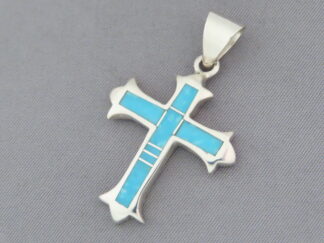 Shop Inlay Cross - Inlaid Blue Turquoise Cross Slider Pendant by Navajo Indian jewelry artist, Tim Charlie FOR SALE $170-