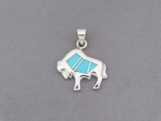 Turquoise Buffalo - Small Turquoise Inlay Bison Slider Pendant by Native American jeweler, Tim Charlie FOR SALE $140-
