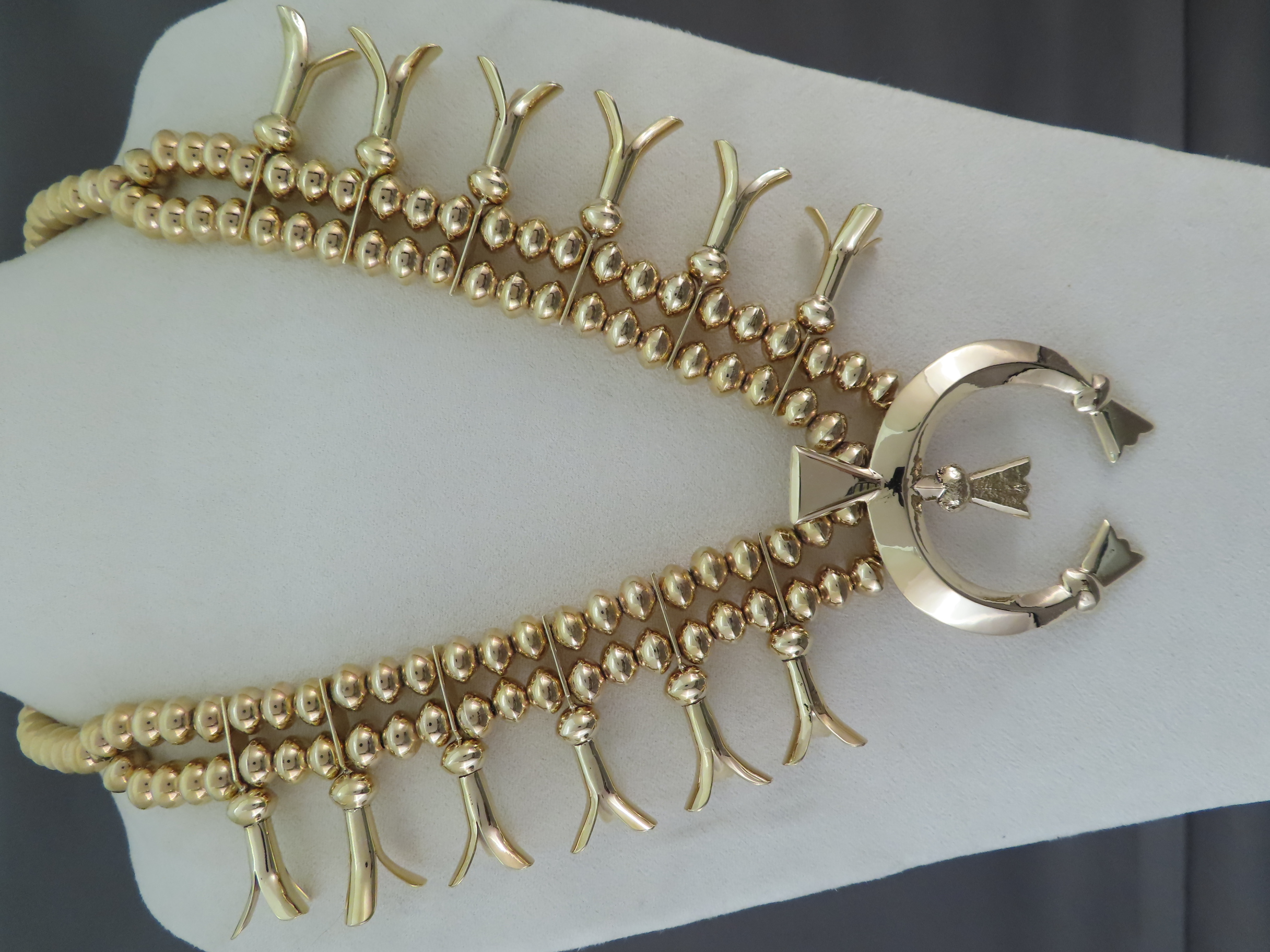 14kt Gold Squash Blossom Necklace by Native American (Navajo) jewelry artist, Harrison Jim FOR SALE $55,000-