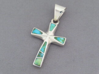 Turquoise Cross - Sonoran Turquoise Inlay Cross Pendant by Native American jeweler, Charles Willie FOR SALE $195-