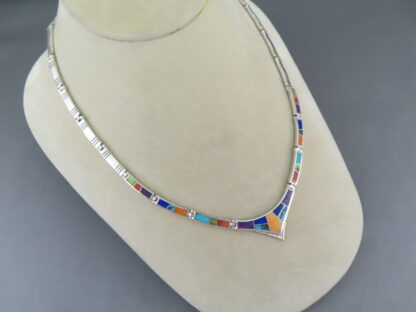 Multi-Color Inlay Necklace in Sterling Silver
