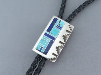 Sterling Silver & Inlaid Bolo Tie by Native American Navajo Indian jewelry artist, Tommy Jackson FOR SALE $395-